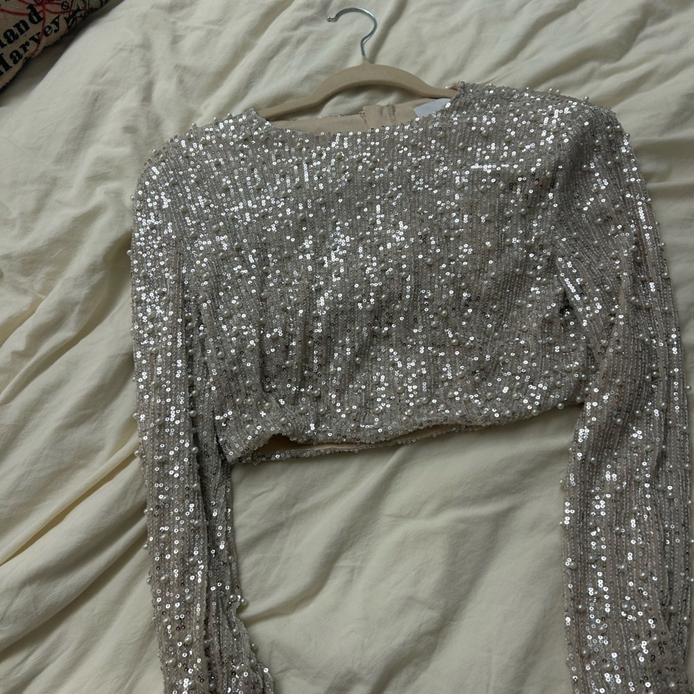 MARBLE Silver Sequin Long Sleeve Crop Top - Picture 4 of 7